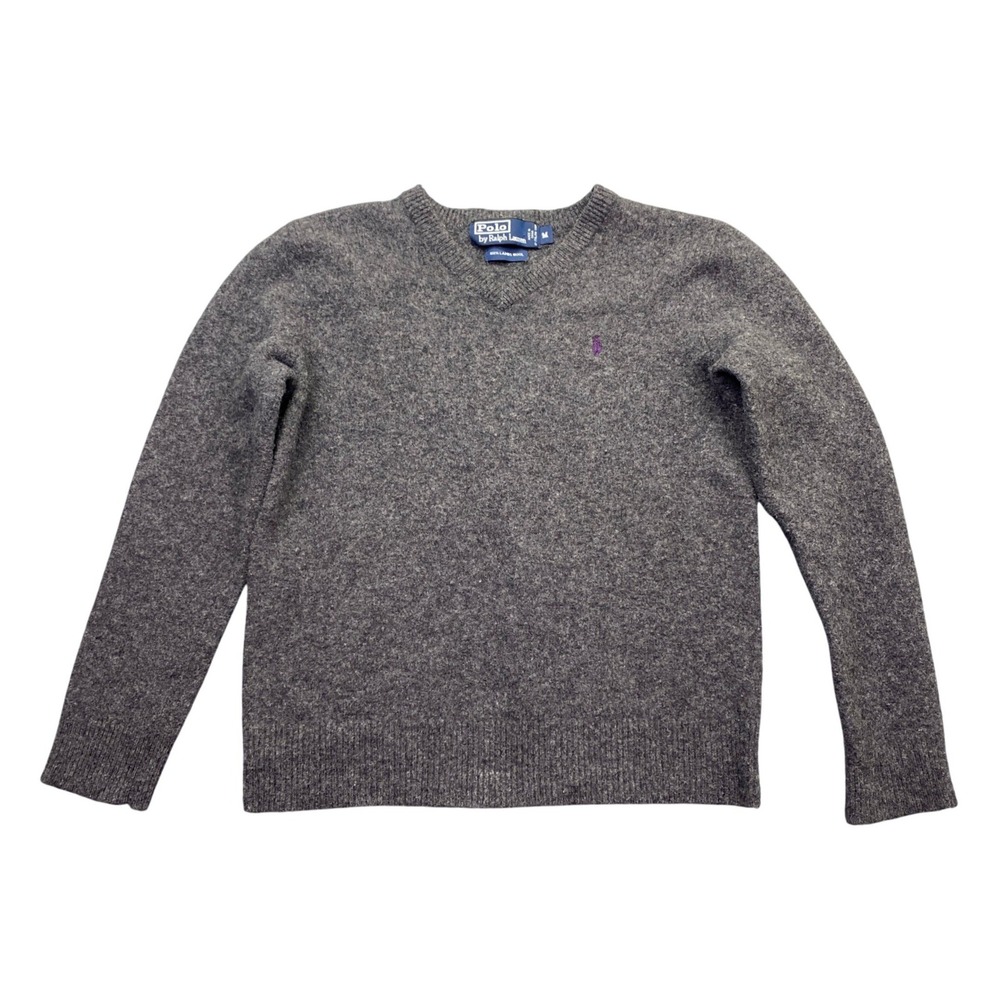Polo Ralph Lauren Mens Gray 100% Lambswool V-Neck Sweater Sz M Pony Logo Shrunk